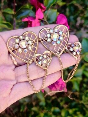 2 Vintage Mid-Century Aurora Borealis Heart Chatelaine Brooches